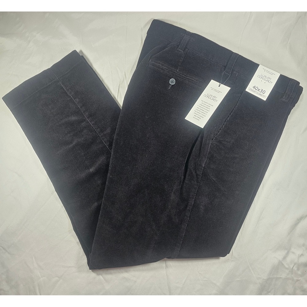 Roundtree & Yorke 40x30 Black Corduroy Stewart Flat Front Classis Fit Pants 1611